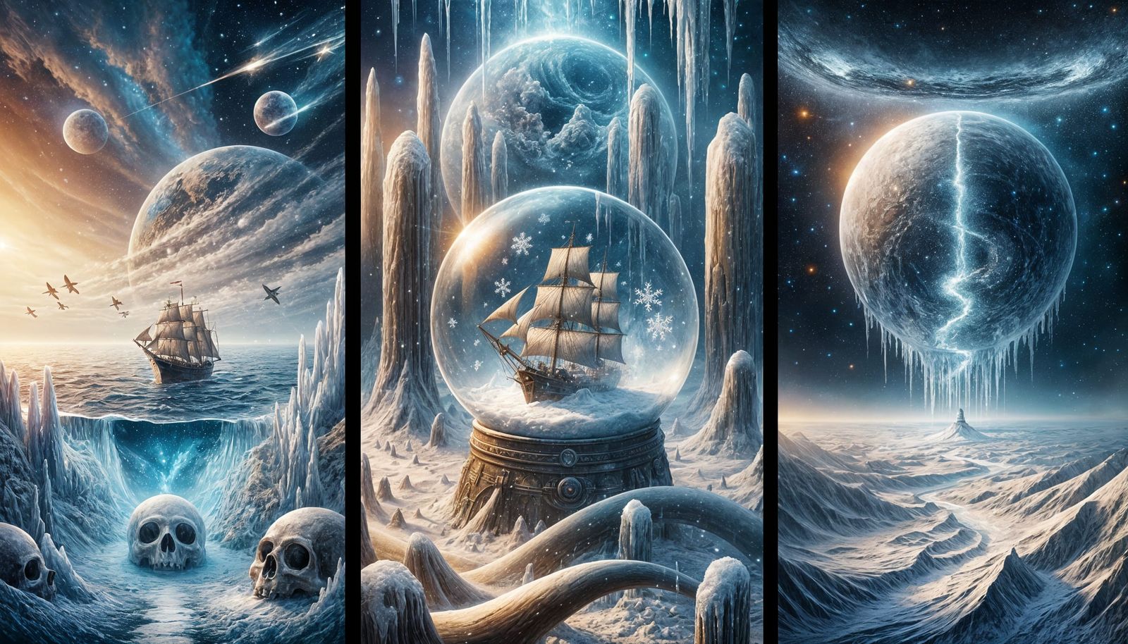 Interconnected Worlds in a Dreamlike Triptych