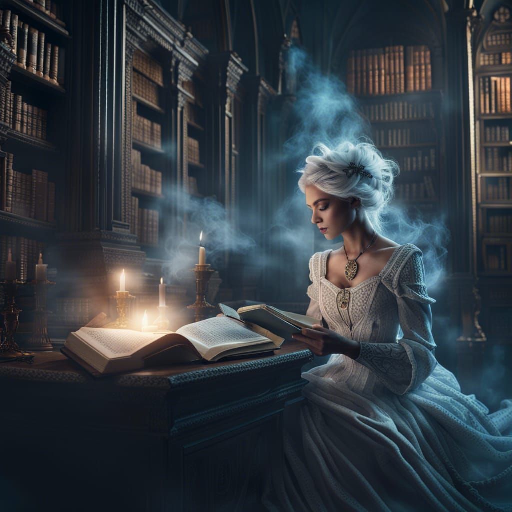 Ethereal Ghost Reading in Ancient Library: Detailed Matte Pa...