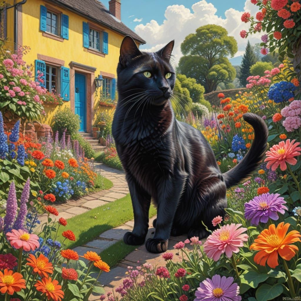 Black Cat in Flower Garden Drawing