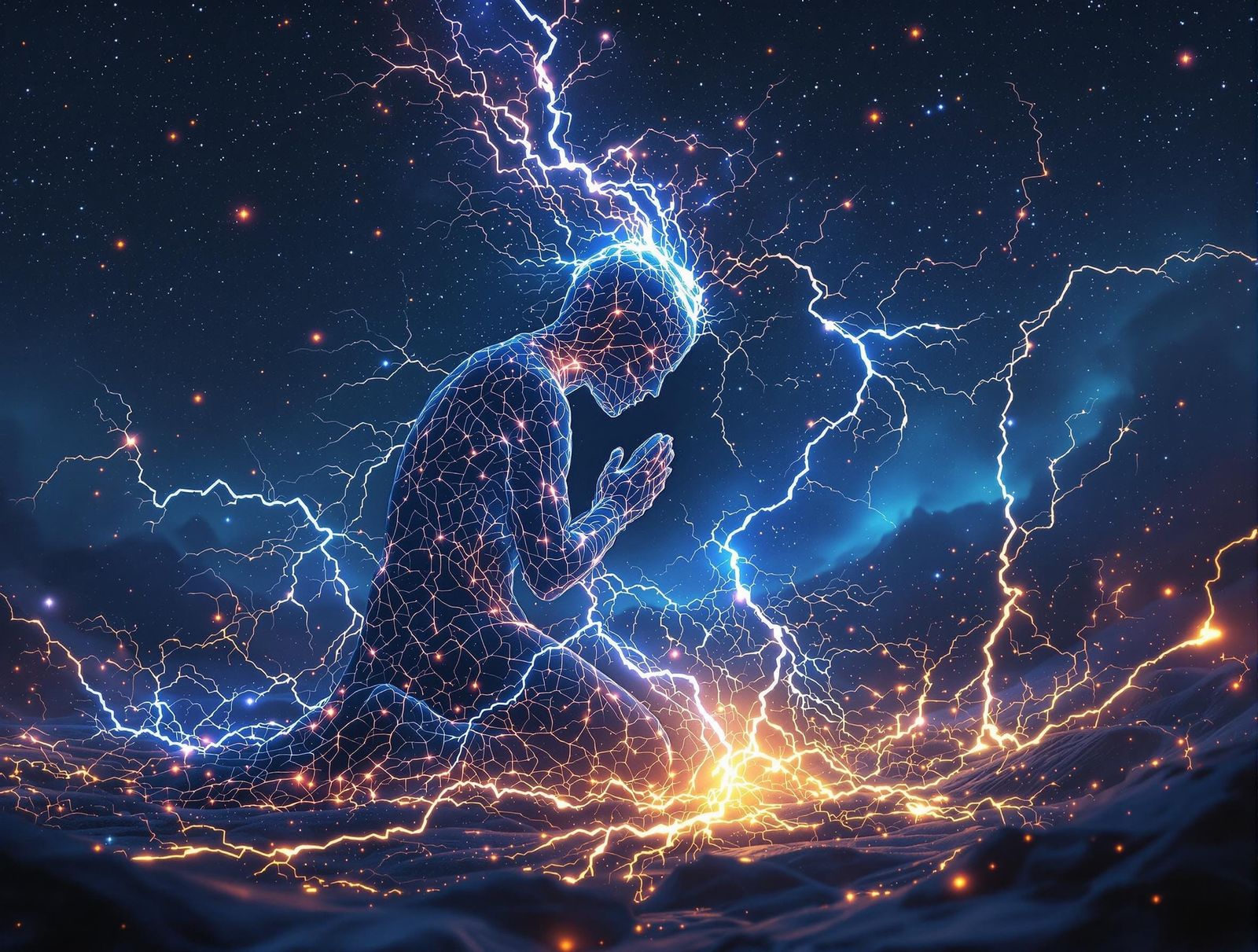 Light-Infused Kneeler in Cosmic Glory