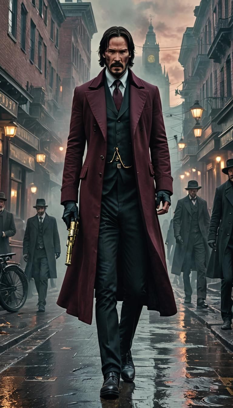 Steampunk John Wick in Victorian Cityscape