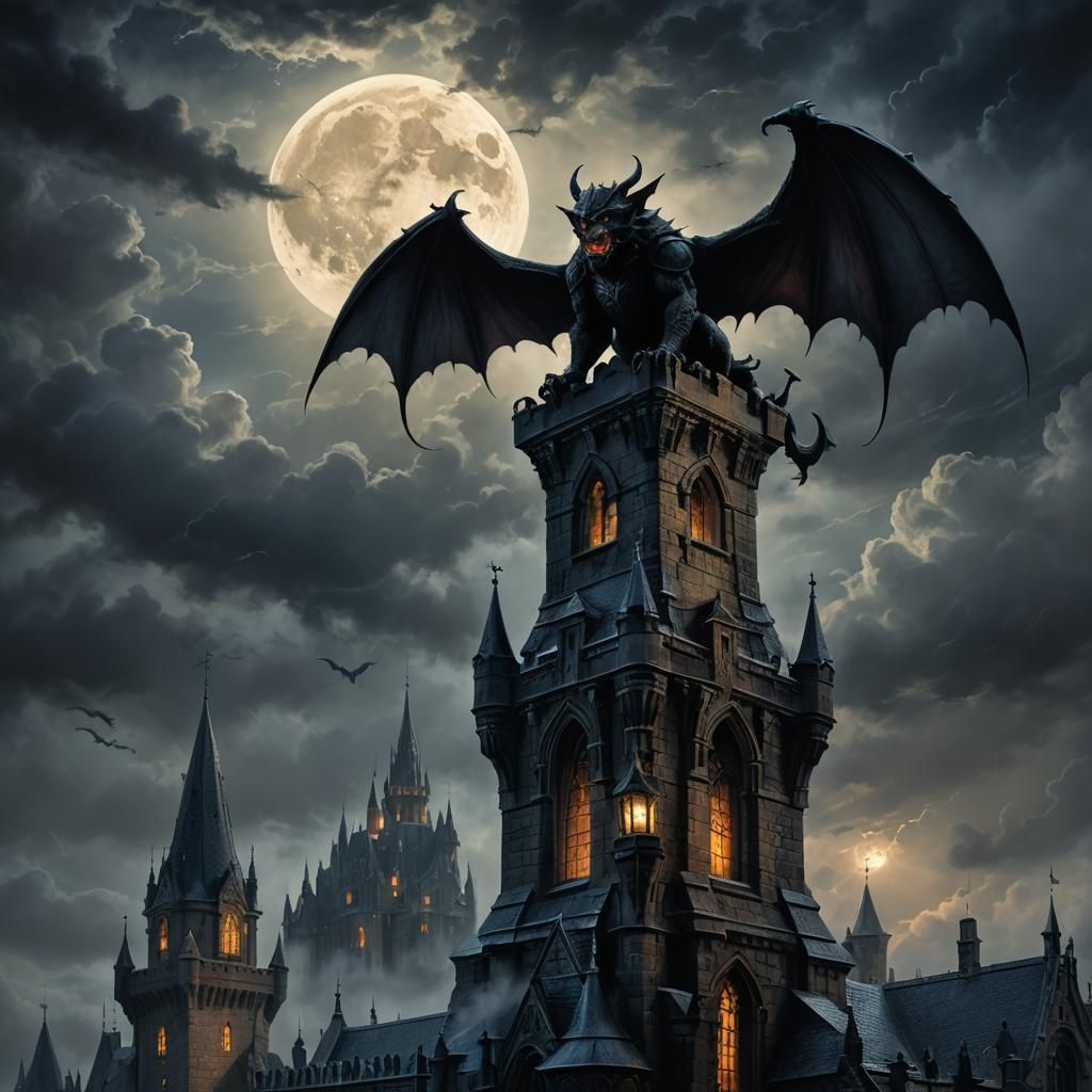 Vampire Gargoyle Overlooks Castle in Gothic Fantasy Art