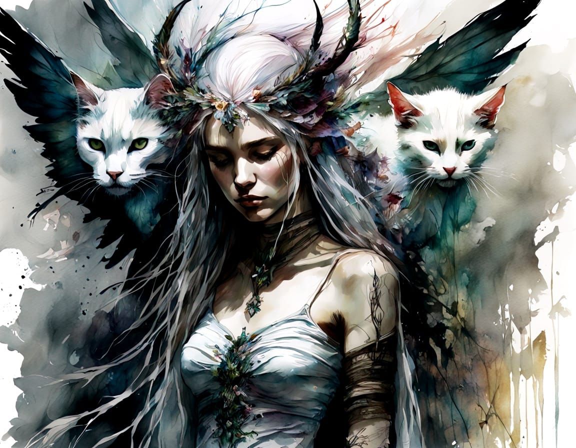 White Witch and Cat in Expressive Watercolour Style
