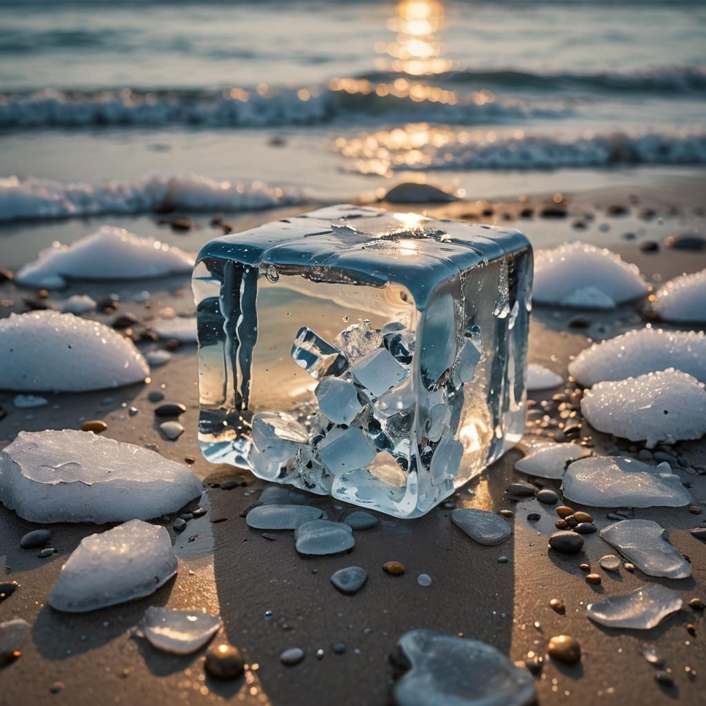 Ice Cube Reflects Ocean in Macro Photography