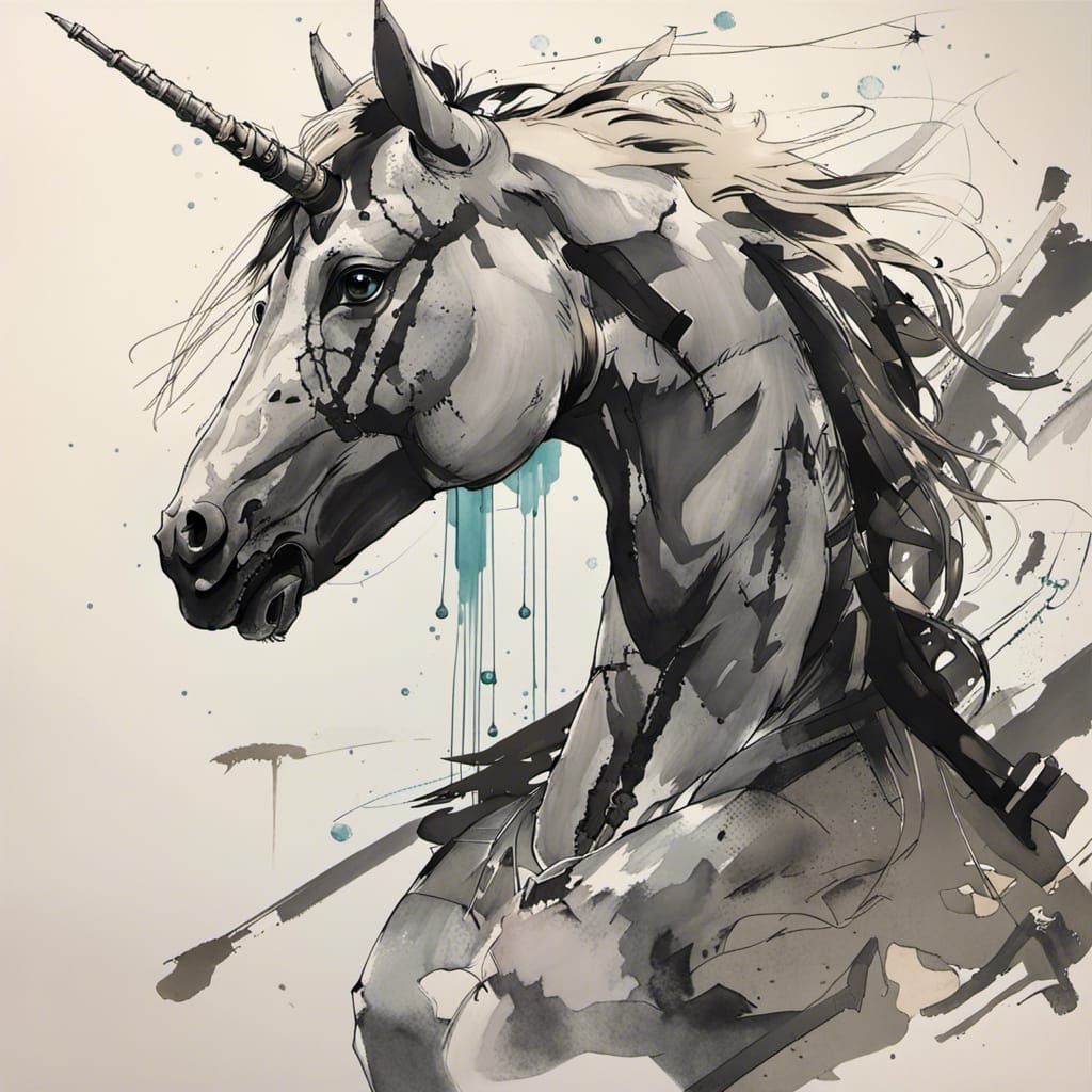 Stylized Unicorn Illustration in Sumi-e Style