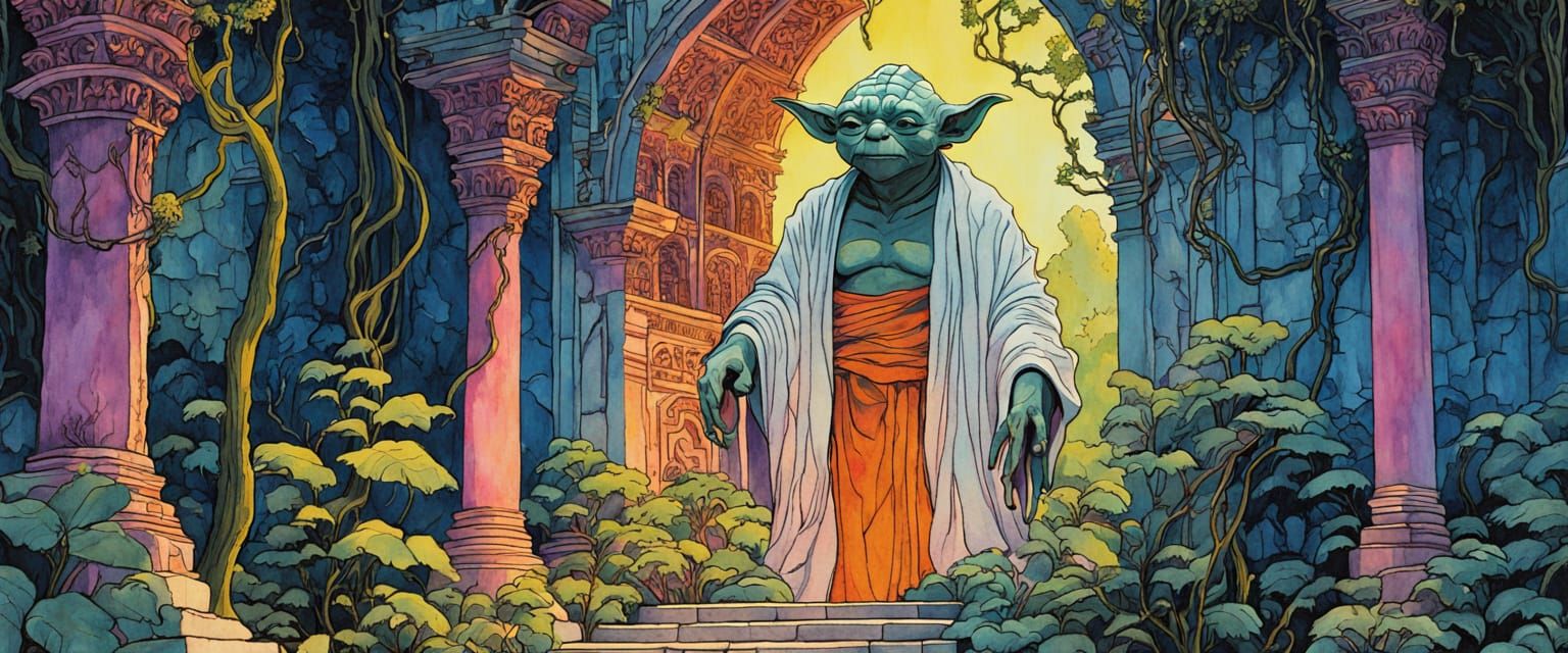 Yoda's Temple in Lush Watercolor Rainforest