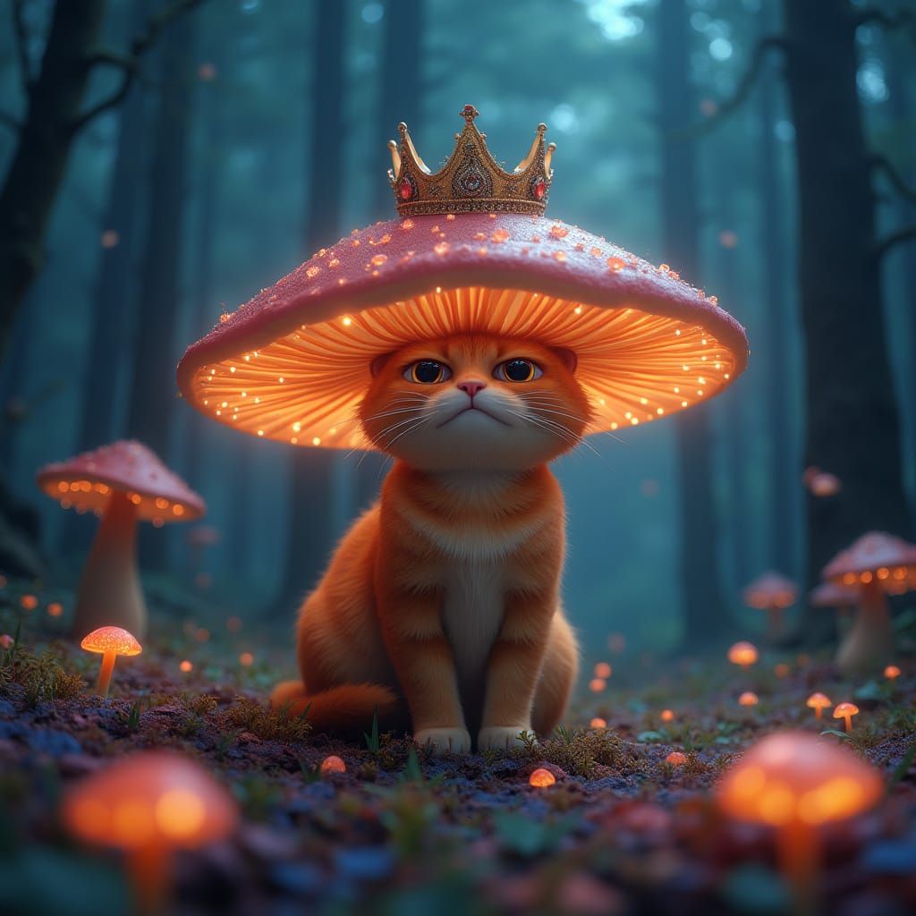 Regal Cat on Glowing Mushroom in Bioluminescent Forest