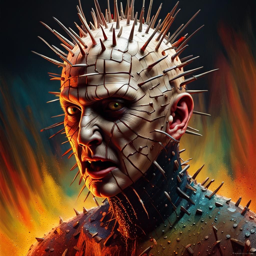 Hyperrealistic Pinhead Portrait in Splash Art Style
