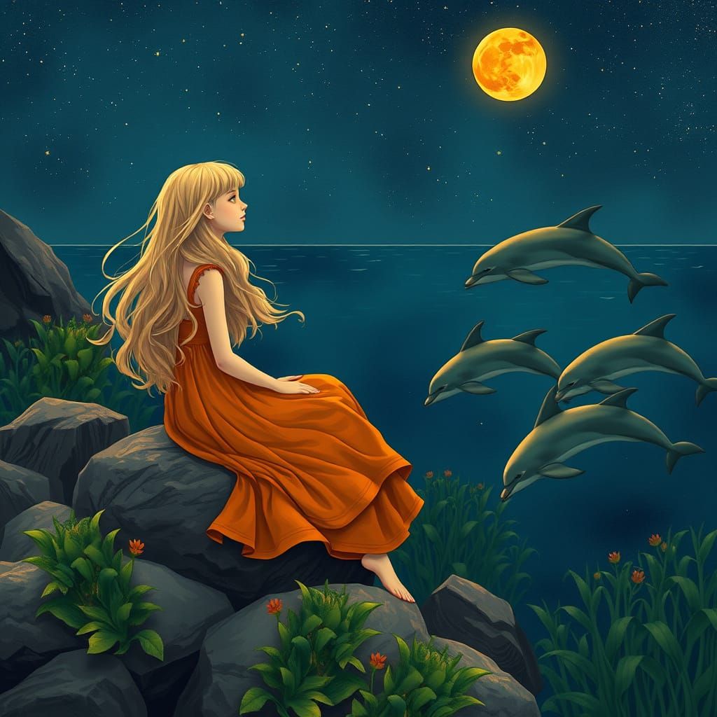 Serene Girl Under Vibrant Orange Moon with Dolphins and Gree...