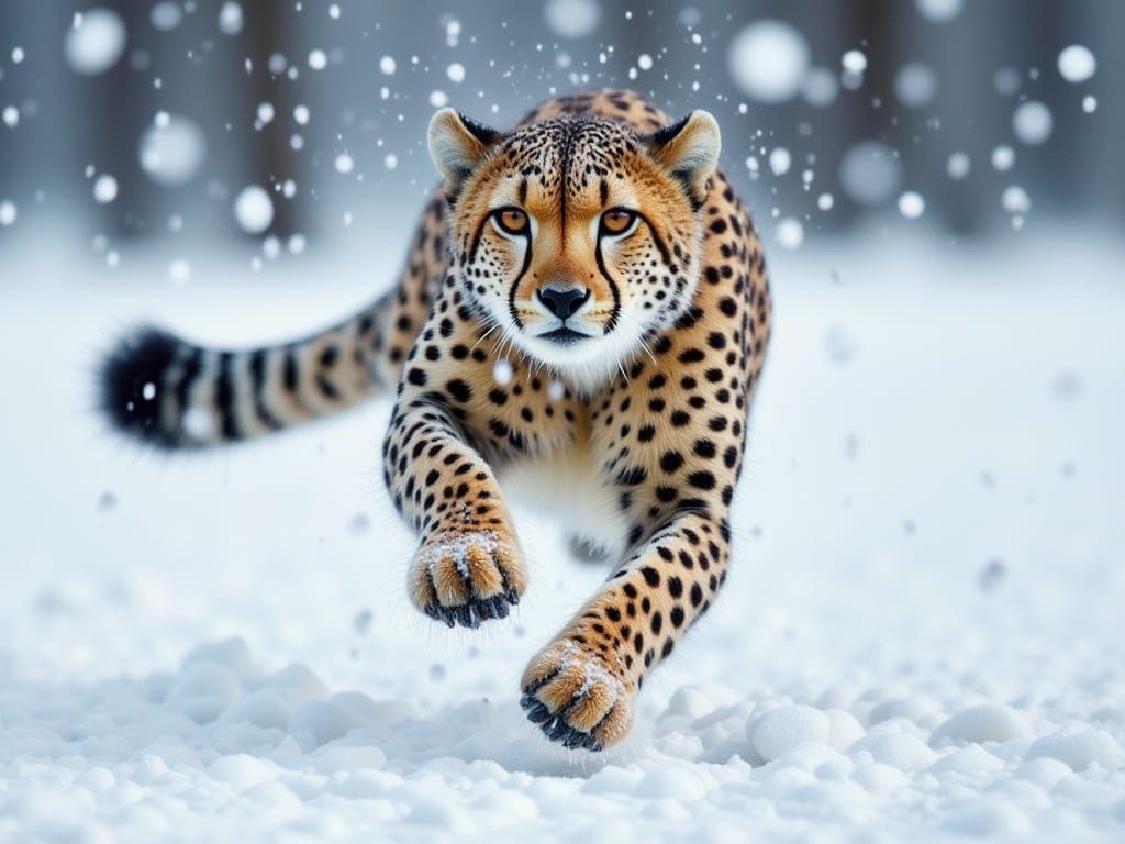 Cheetah Racing Across Frosty Snowscape in Impasto Style