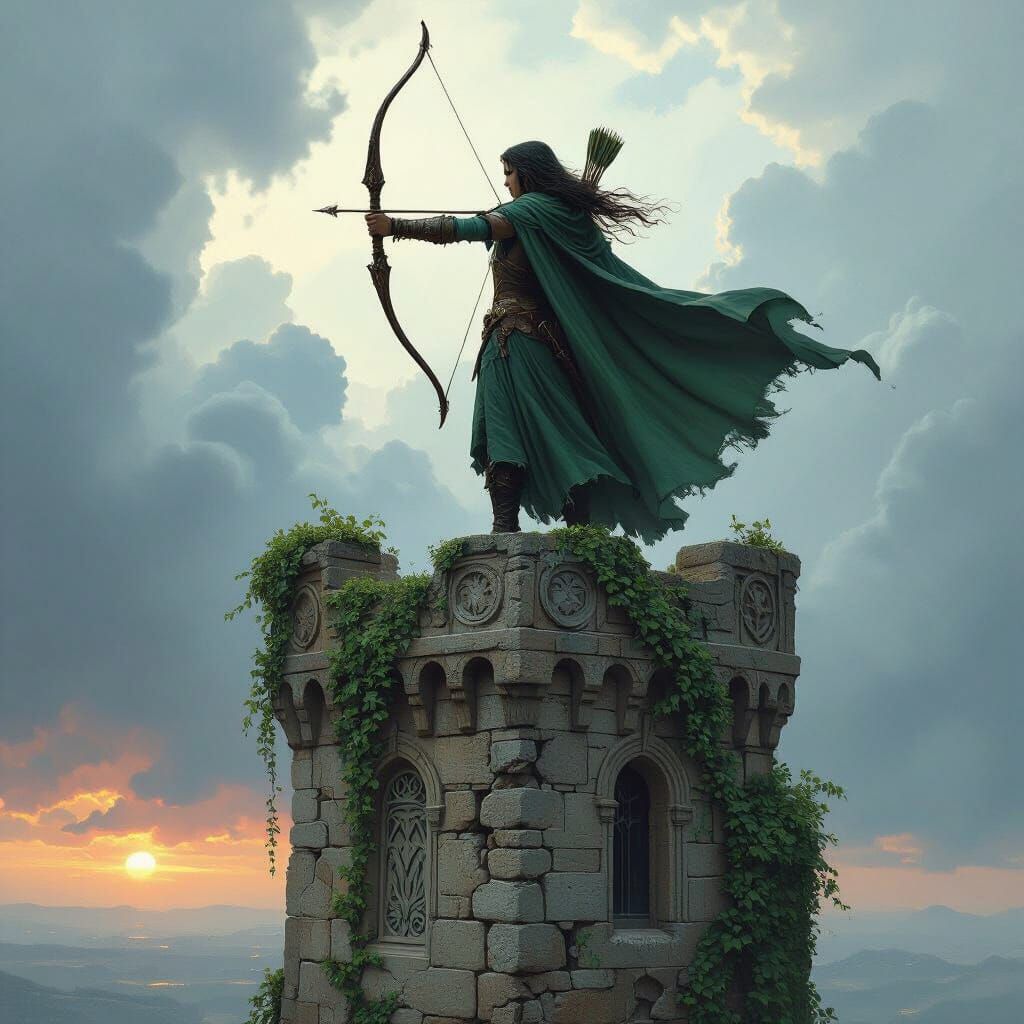 Elven Archer on Ancient Tower in Art Nouveau Style