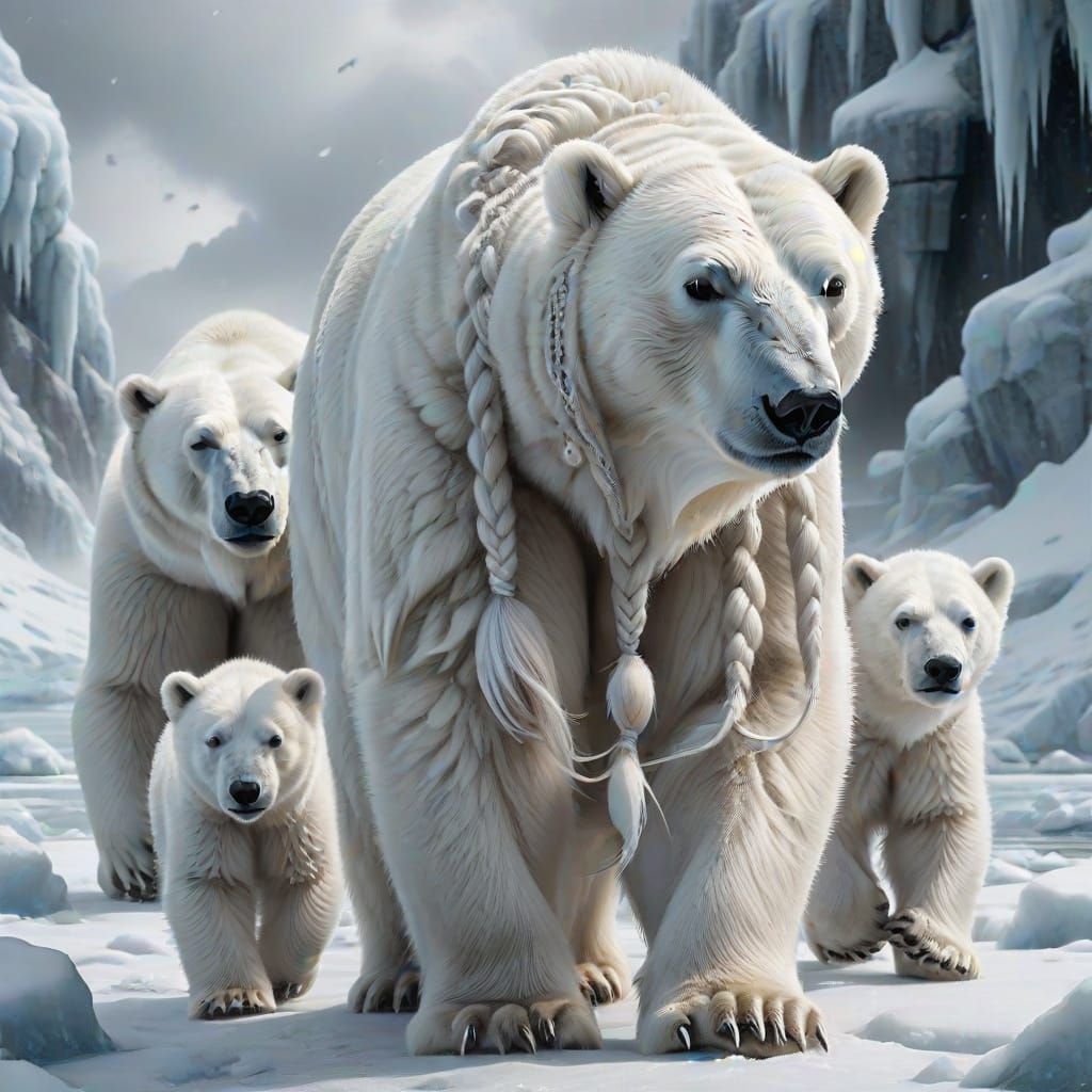 A polar bear mother with long, elaborate braided hair