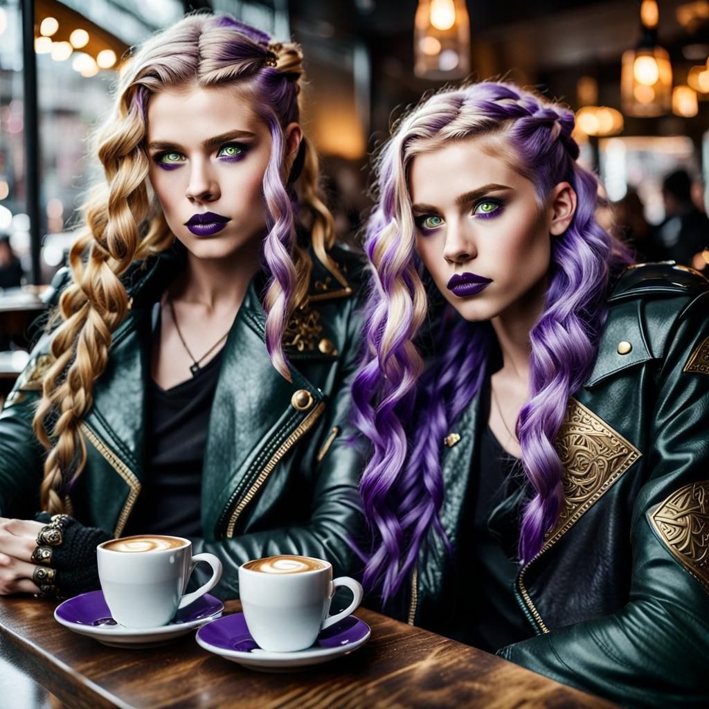 Valkyrie Twins with Viking Features in Café