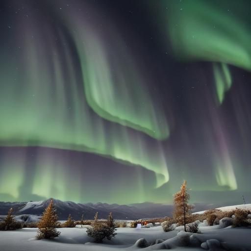 Aurora Borealis Shines Over Quaint Town at Night
