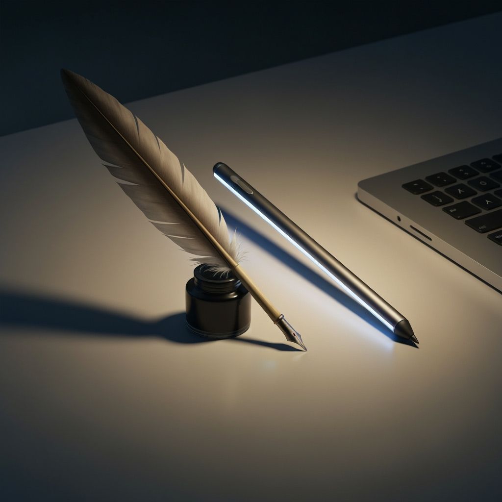 Vintage Quill Meets Digital Stylus on Minimalist Desk