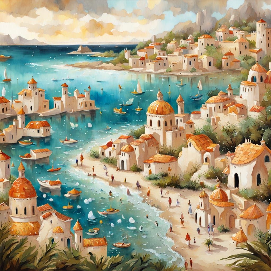 Whimsical Seaside City in Watercolour Style