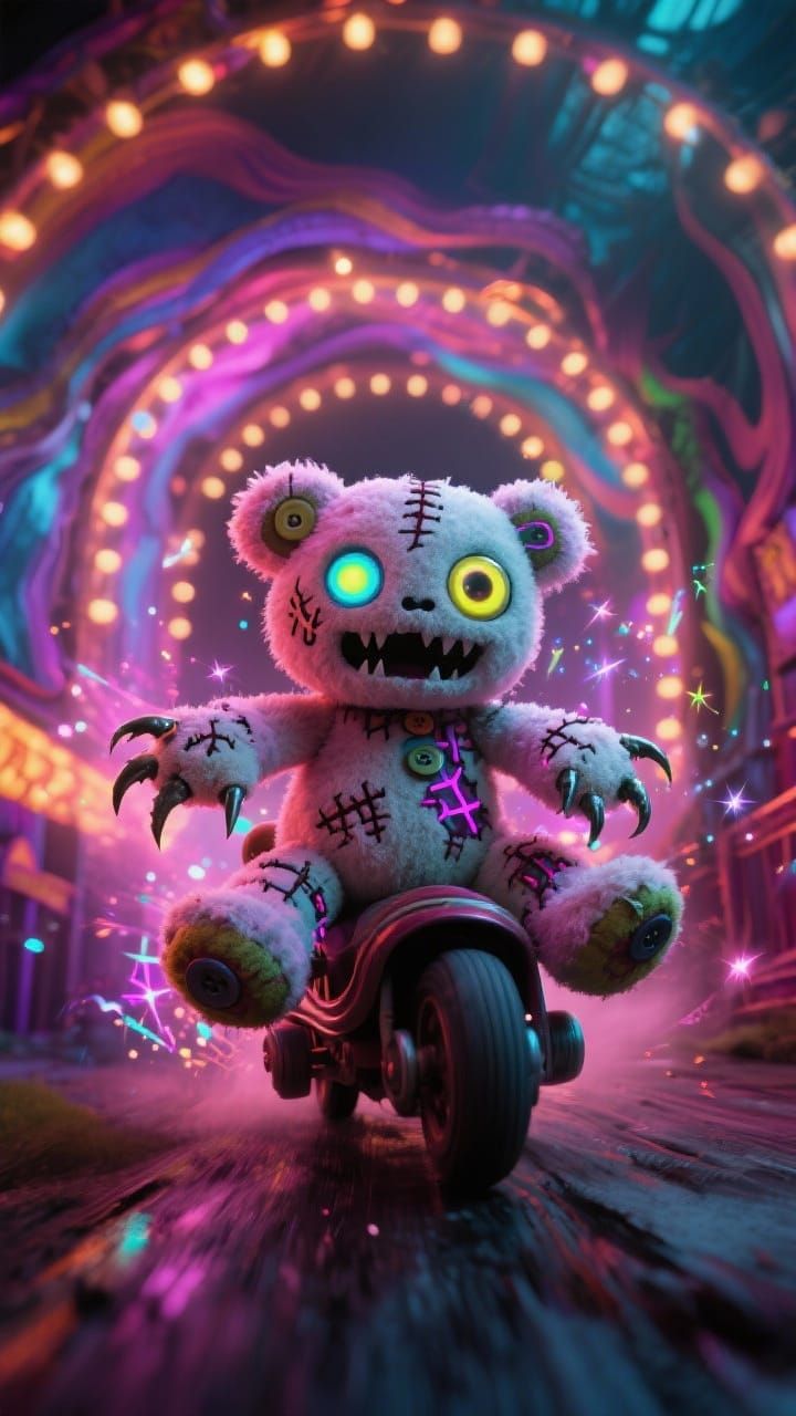 Plush Toy's Creepy Transformation in Haunted Carnival Tunnel