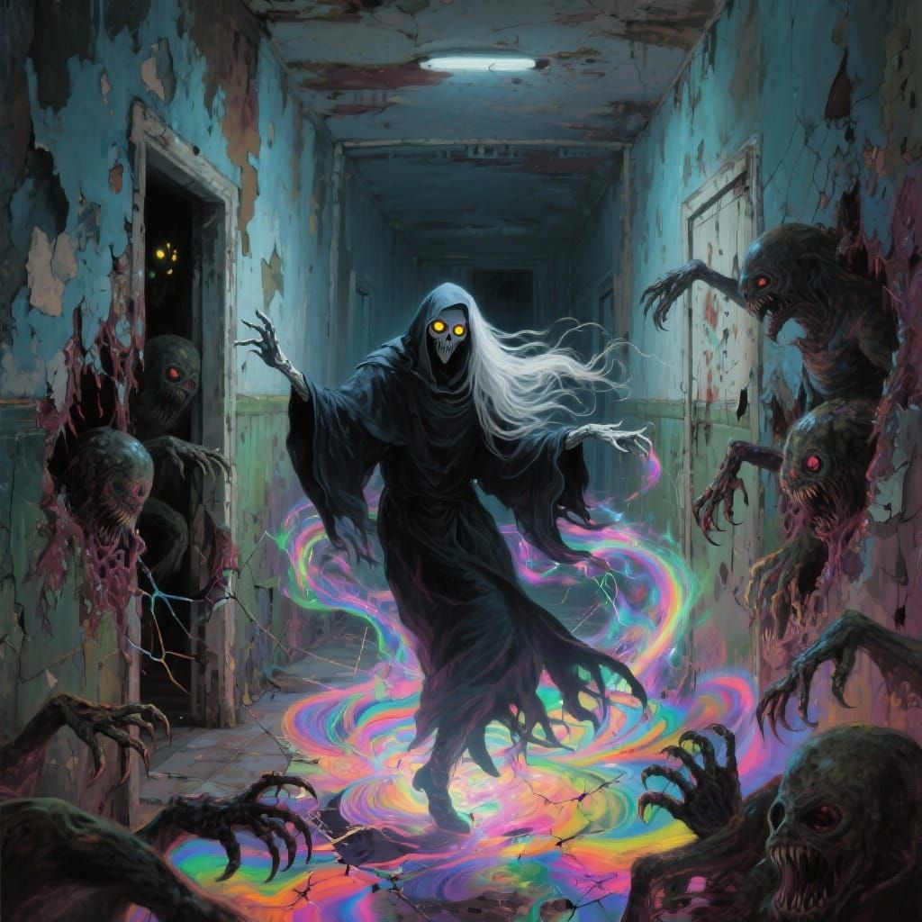Melancholic Grim Reaper in Asylum Hallway, Surreal Oil Paint...