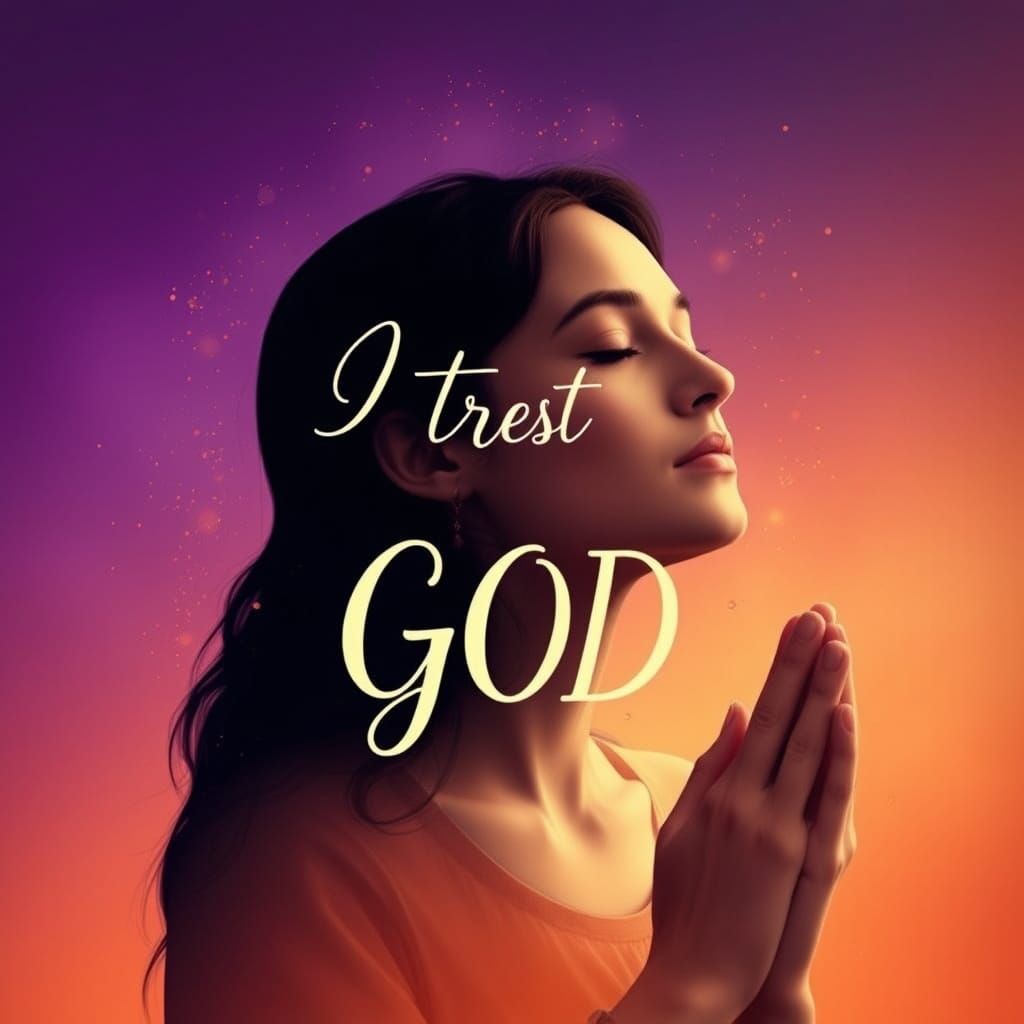 Woman in Prayer with Golden Particles and Calligraphy