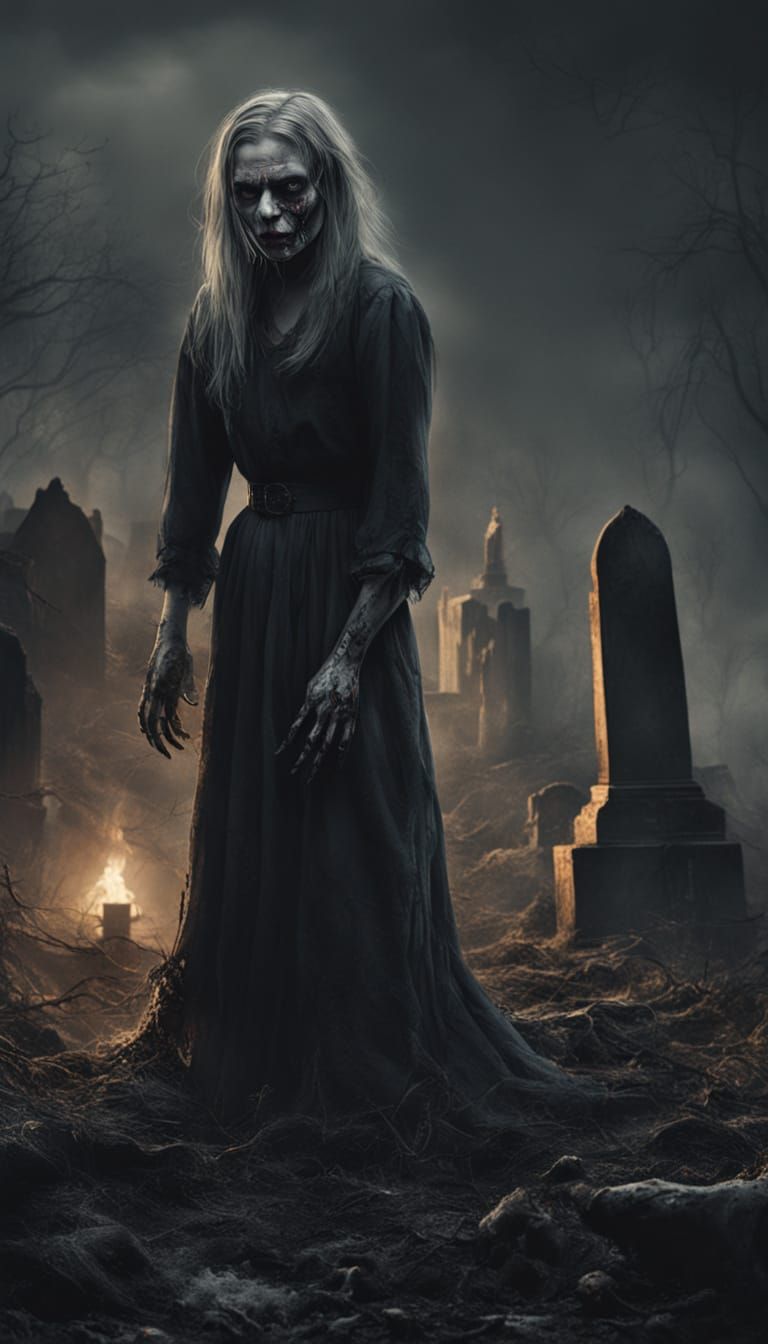 Zombie Woman Crawls in Foggy Graveyard - Dark Fantasy Art