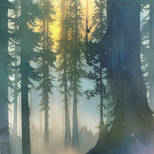 Anime Style Watercolor Forest at Dawn