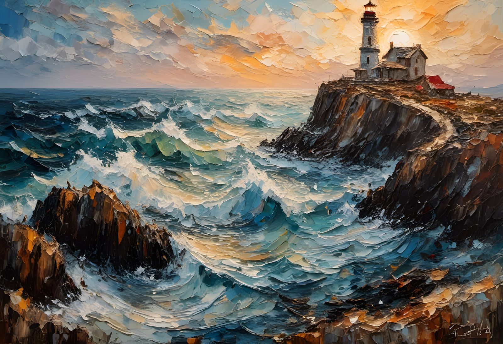 Stormy Sunrise over Rocky Coast as Impasto Painting