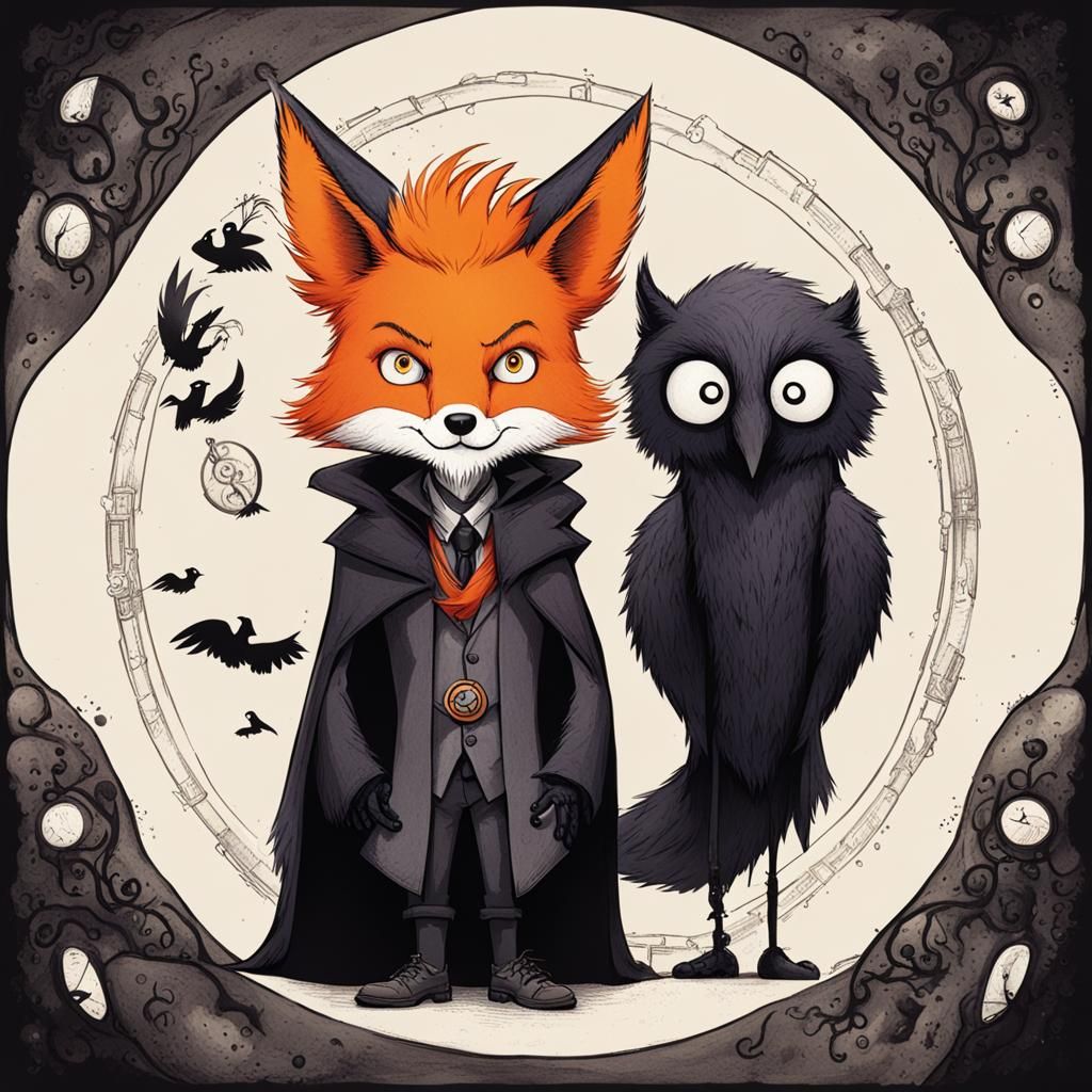 Orange Fox-Man Holding Raven in Burton Style