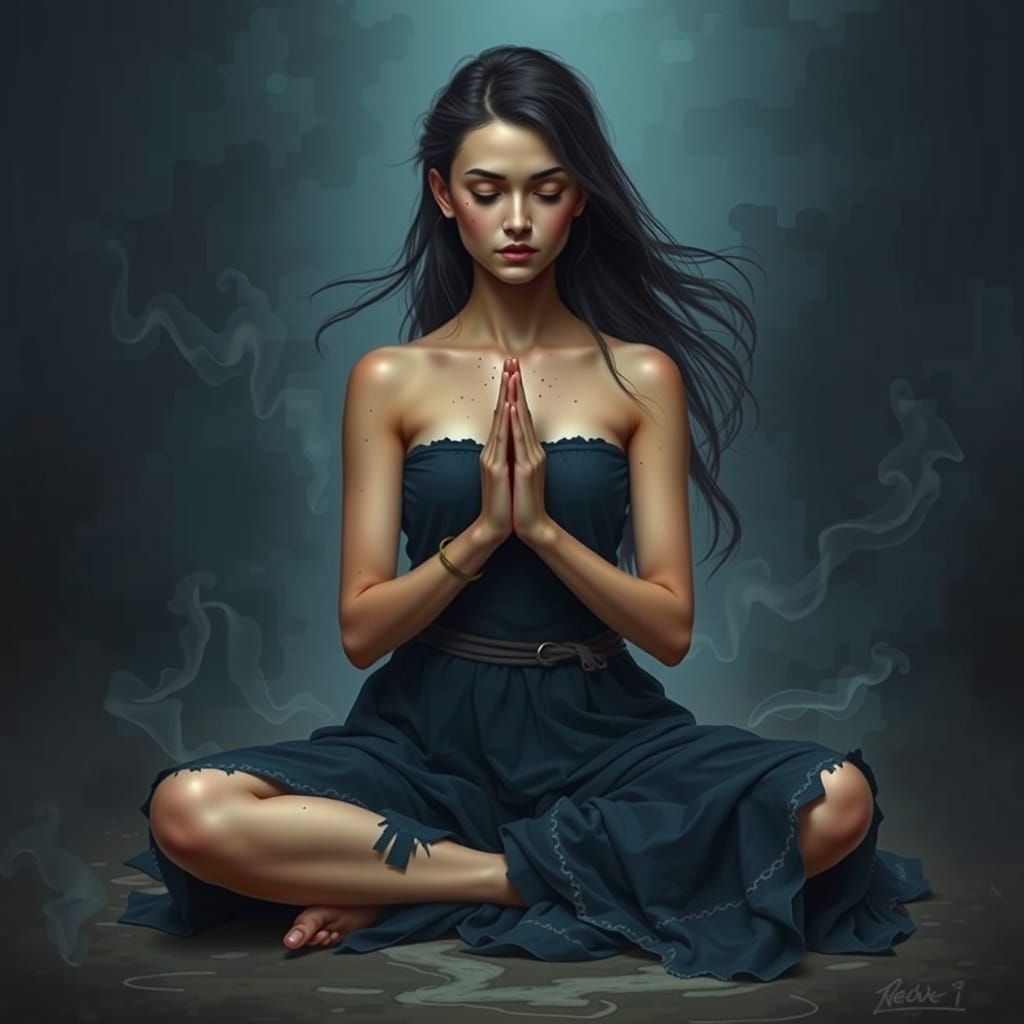 Serene Woman in Meditation Amidst Swirling Smoke