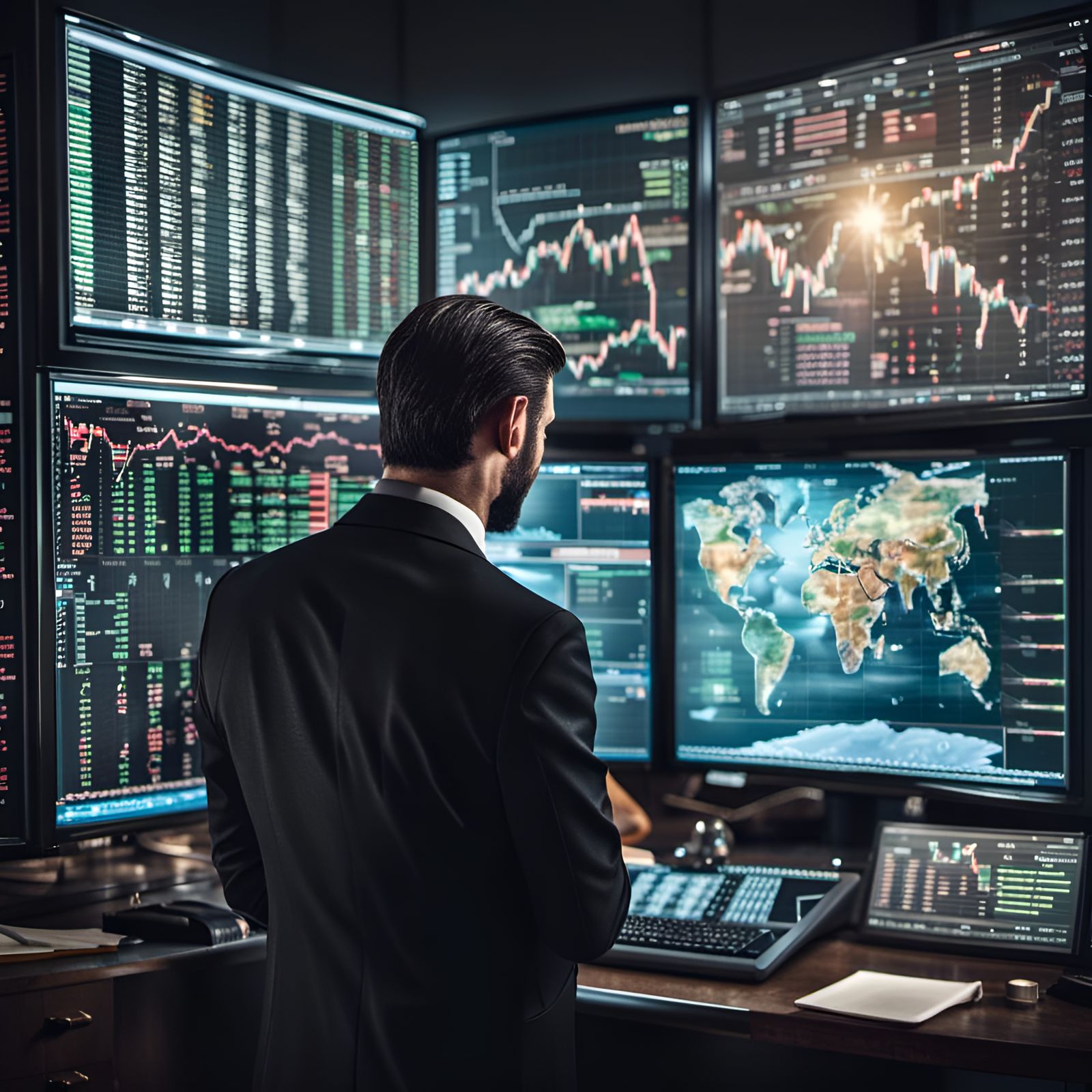 suave guy wearing a tuxedo suit looking at monitors of forex and commodities prices
