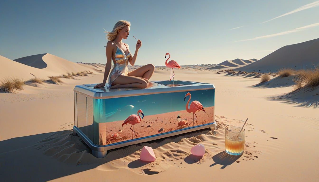 Surreal Desert Kitchen with Retro Woman, Art Deco