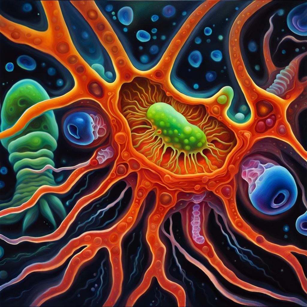 Bioluminescent Microscopic Organism in Oil Painting Style