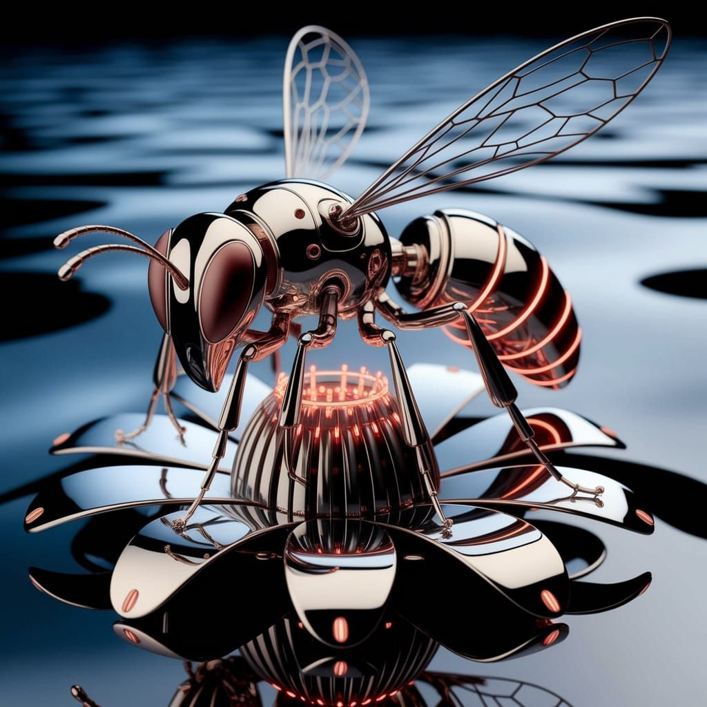 Cybernetic Wasp Sits on Mechanical Flower in Chrome Beauty
