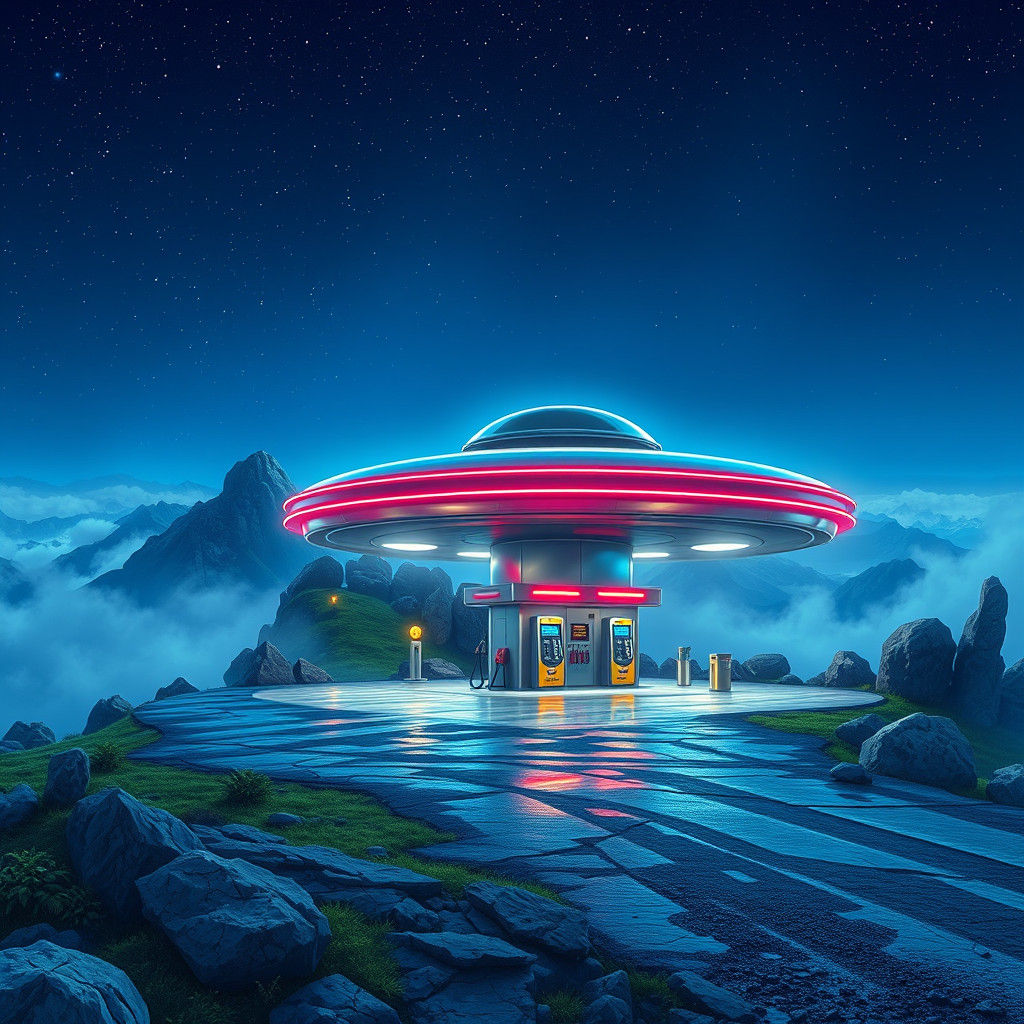 Futuristic UFO Gas Station on Misty Mountain