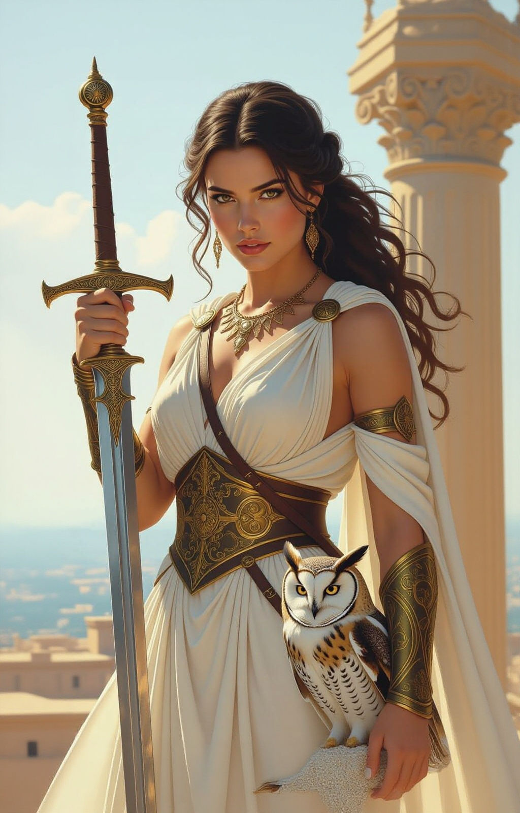 Athena, Feminist Warrior Goddess with Owl, Matte Painting