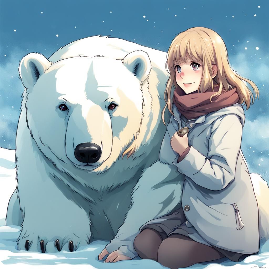 Girl with Polar Bear in Anime Style
