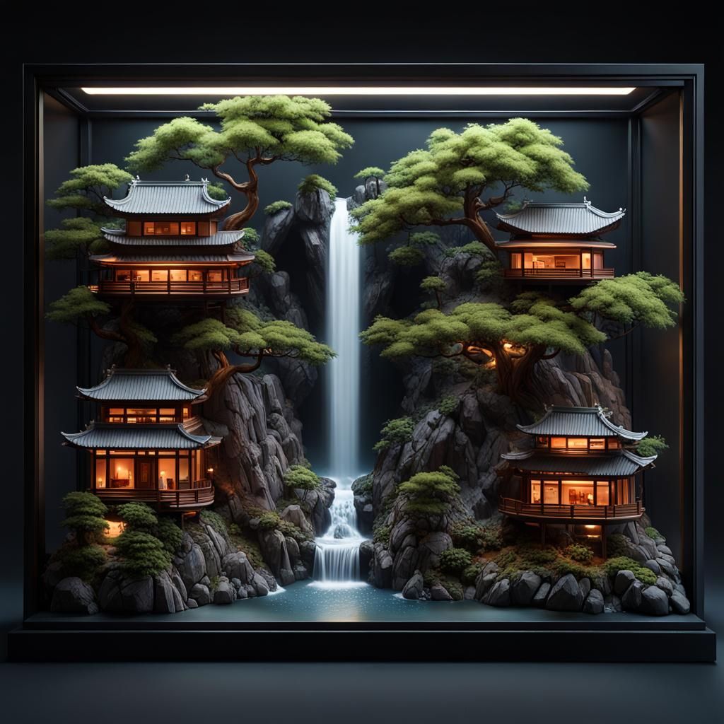 Diorama of Mountain Landscape Inspired by Miyazaki