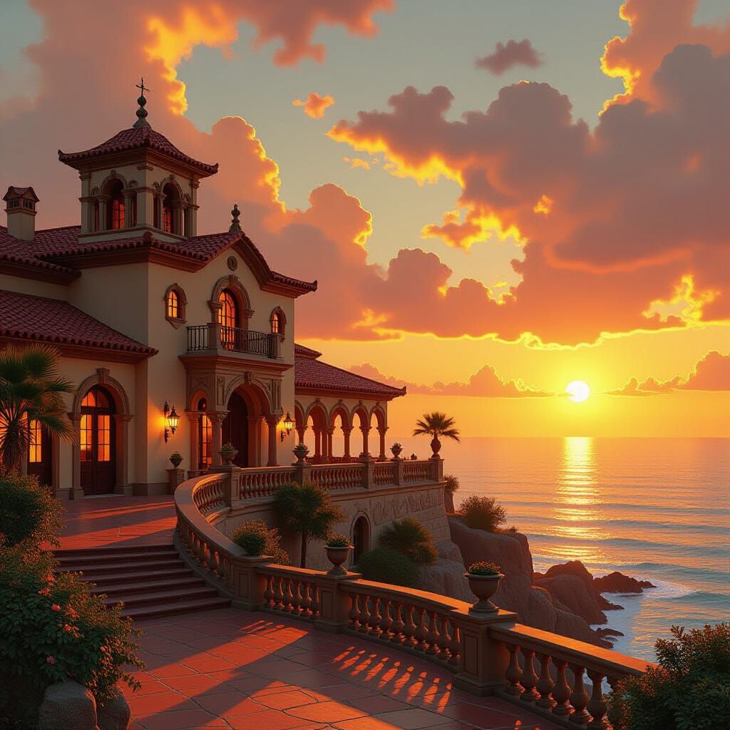 Spanish Hacienda at Golden Sunset in Cinematic Style