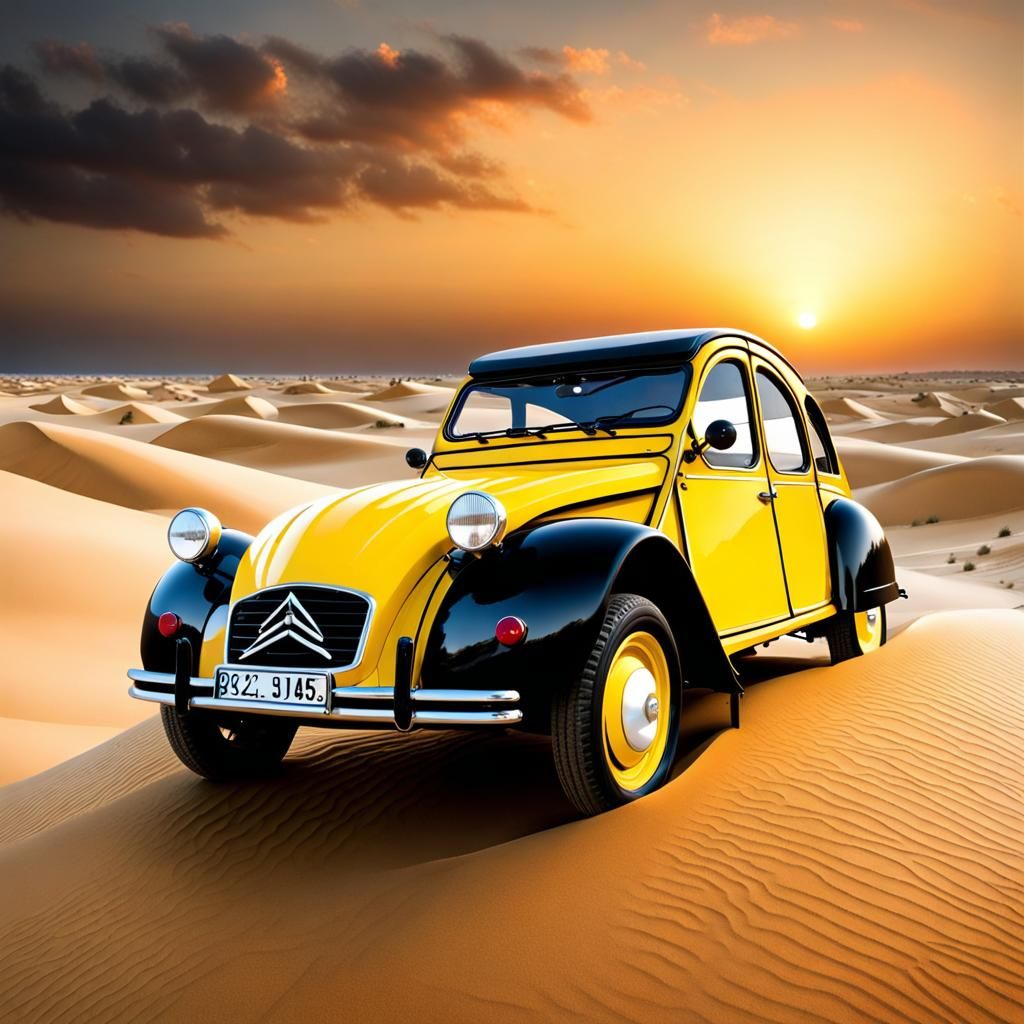 Yellow and Black 2CV Races Through Sunset Dunes