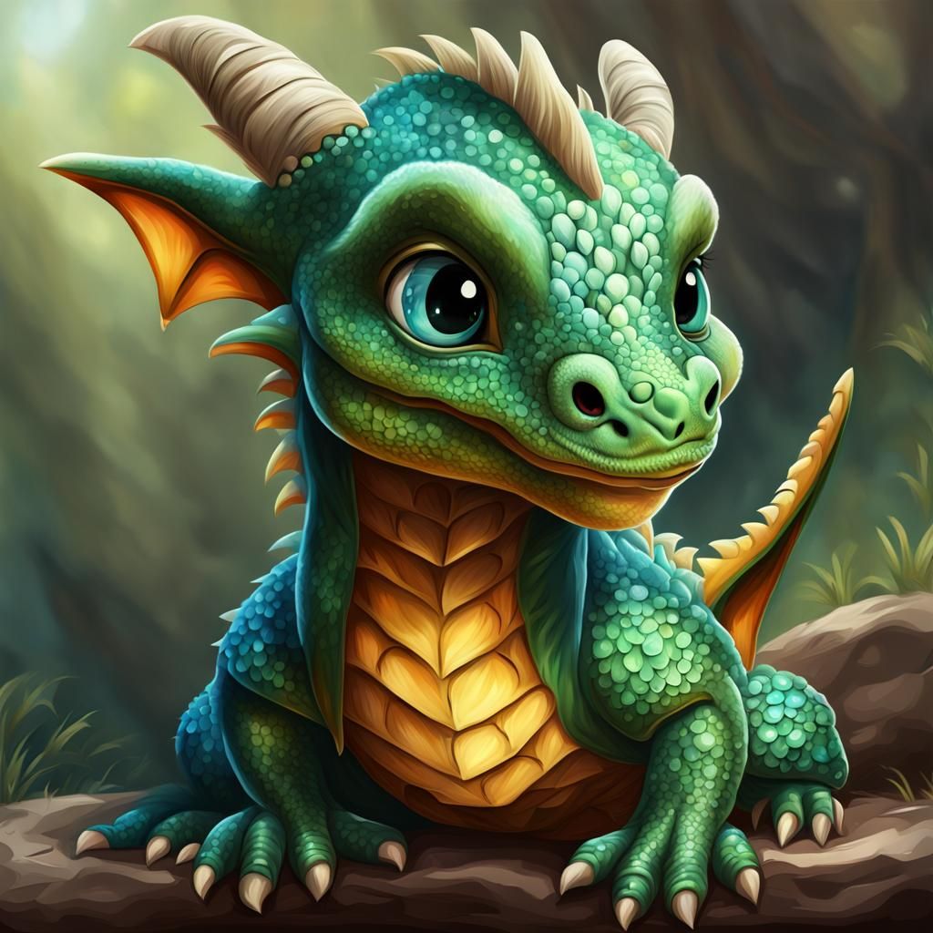 Cute Baby Dragon Portrait in Digital Painting Style