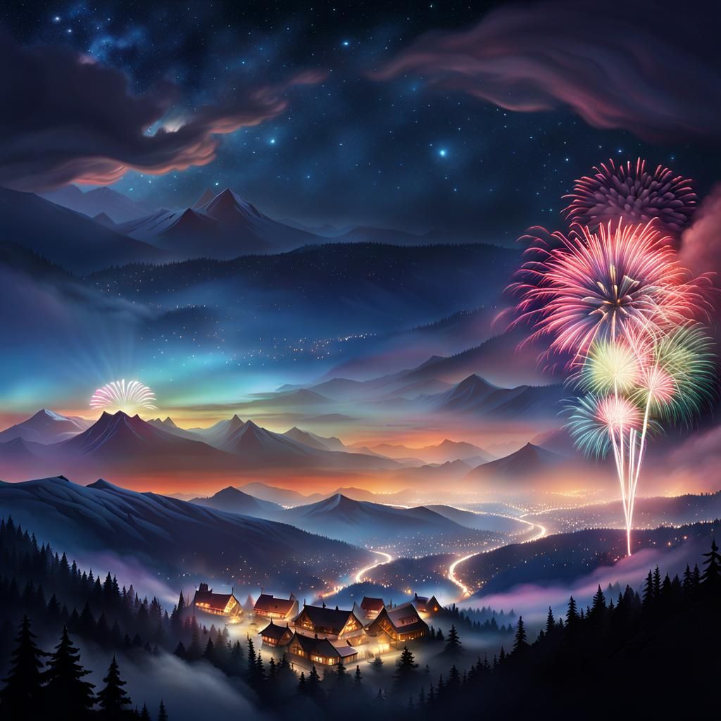 New Year's Fireworks Over Picturesque Mountain Village