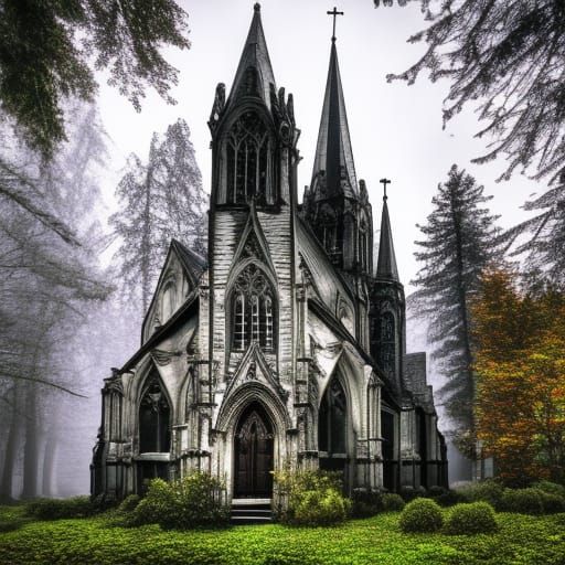Perpendicular Gothic Church in Misty Forest