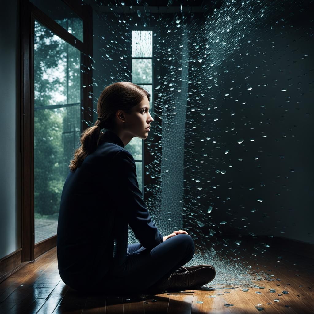 Sinister Woman in Dark Room with Broken Glass