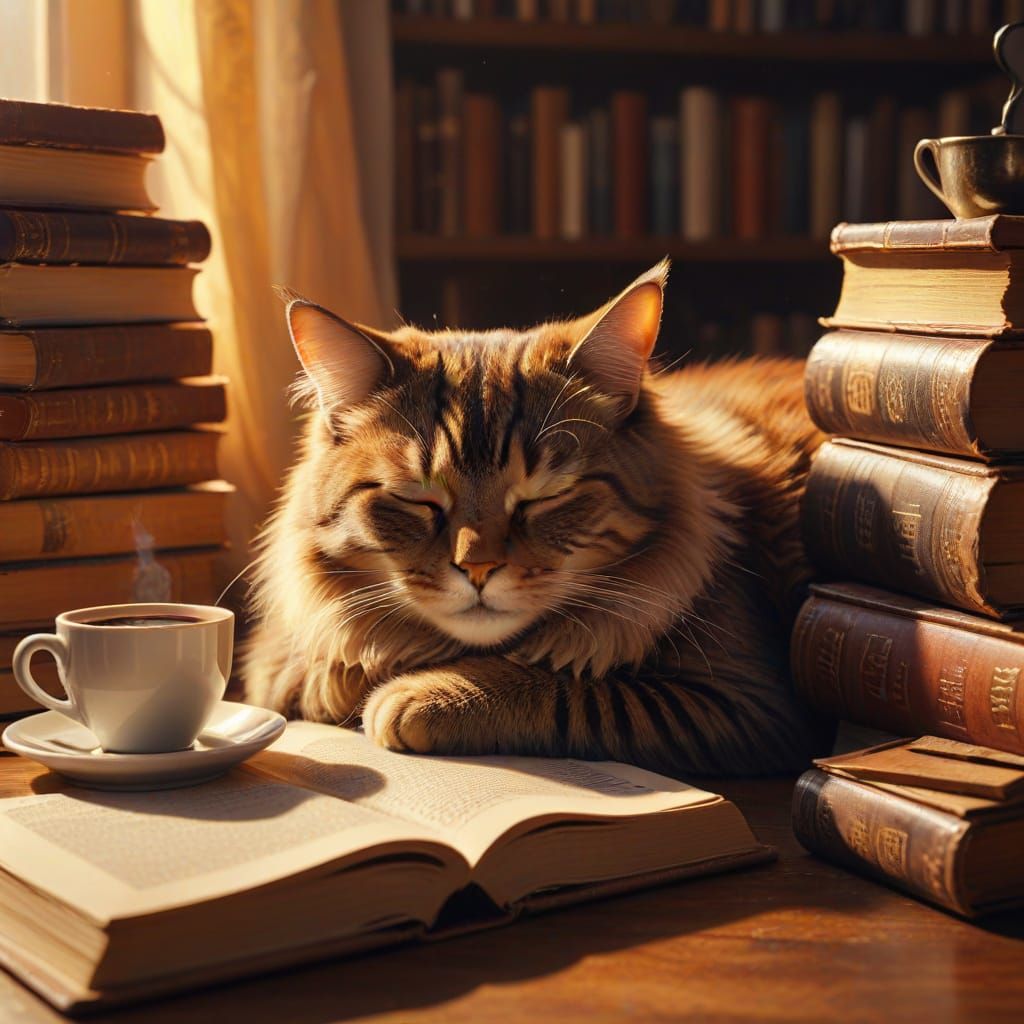 Cozy Cat Still Life in Warm Oil Painting Style