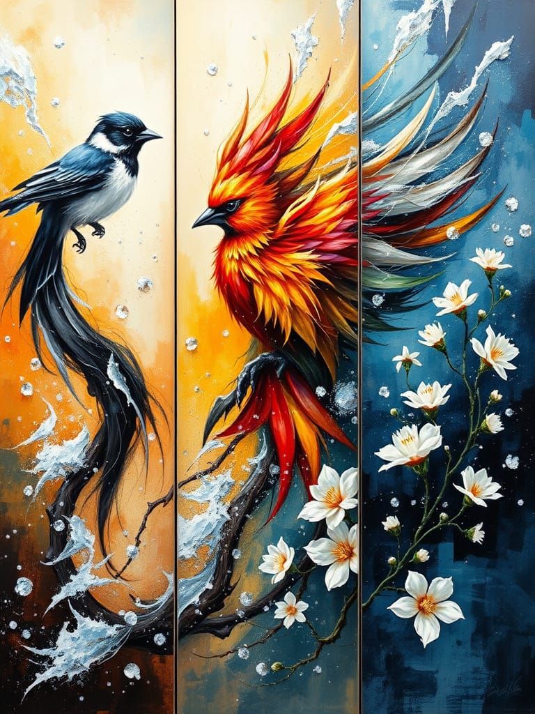 Abstract Spring Birds in Triple Oil Painting