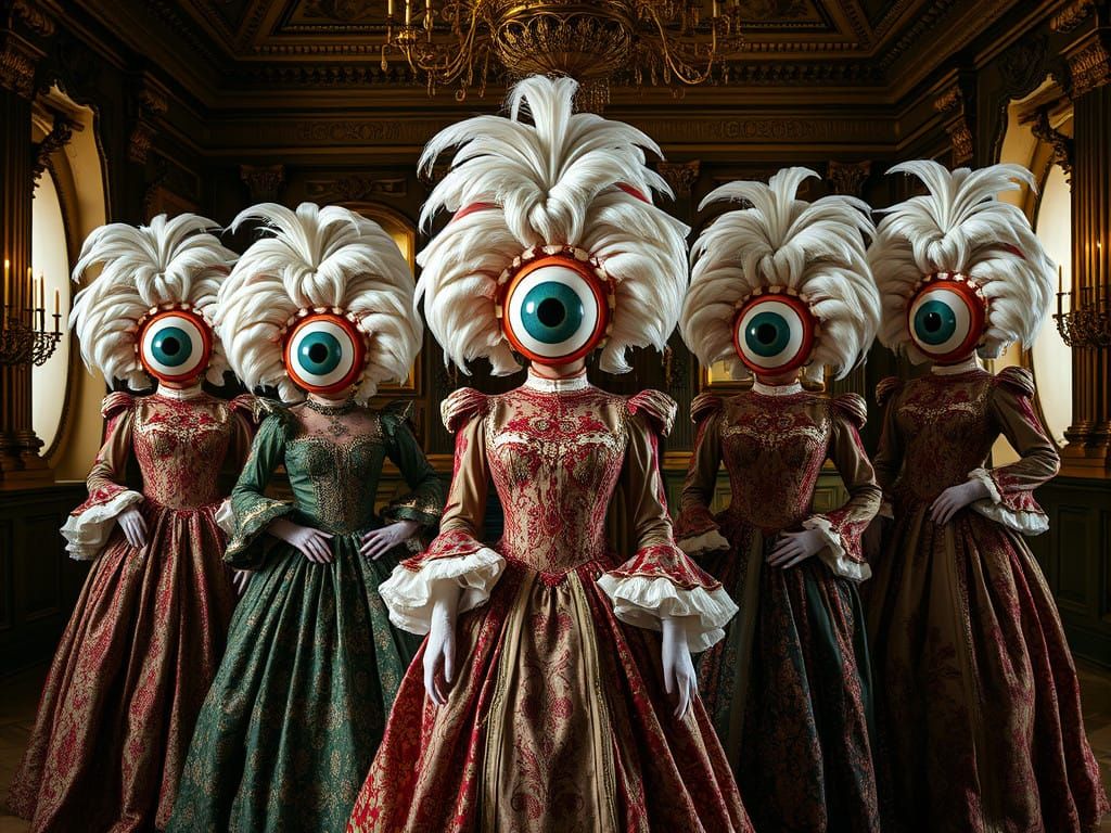Rococo Women in Cyclops Masks Dance in 18th Century Ballroom