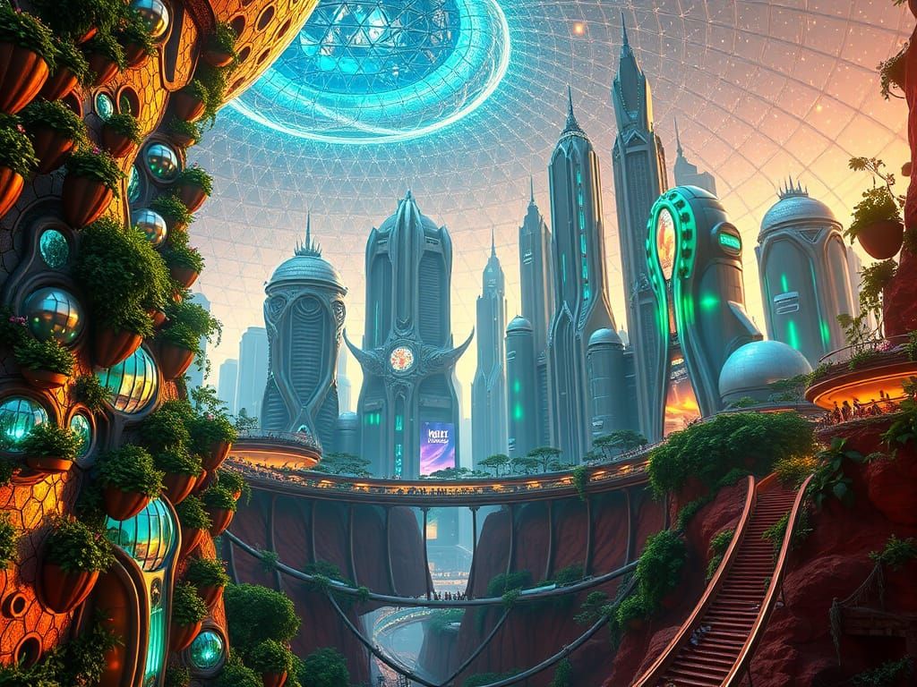 Mars Metropolis in Luminous, Iridescent Forcefield Dome