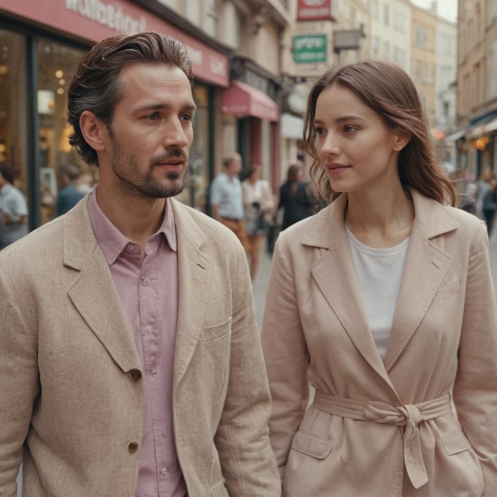 Hyperrealistic Portrait of Couple Strolling City Street