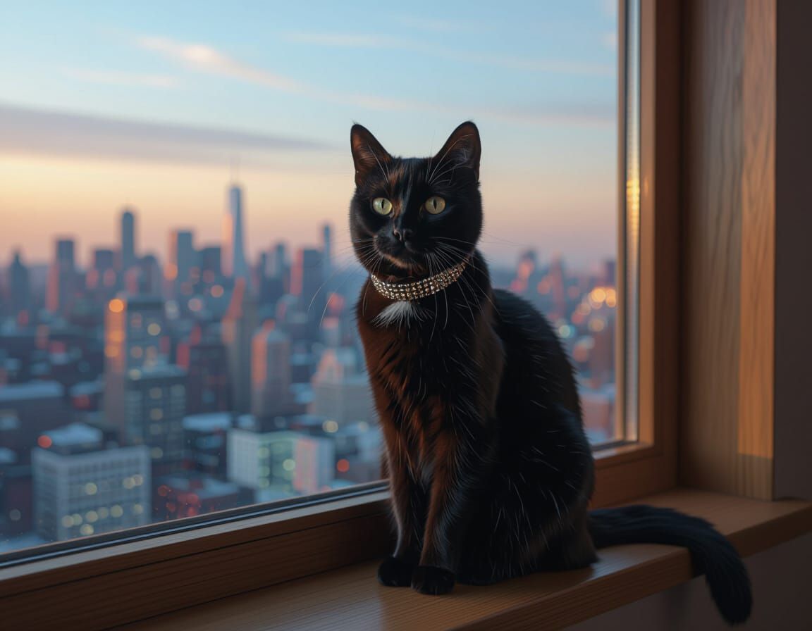 Photorealistic Black Cat on Windowsill, City View