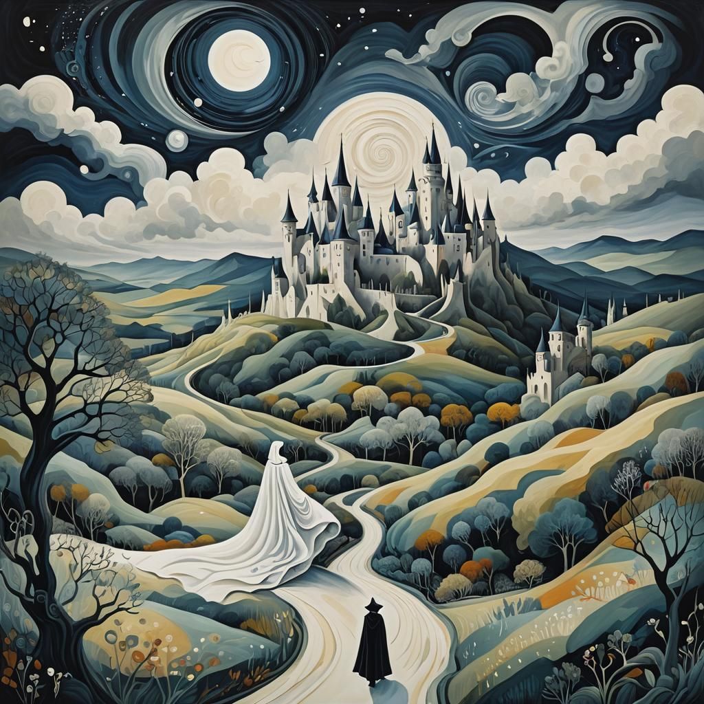 Surreal Fantasy Landscape with Castle in Automatism Art