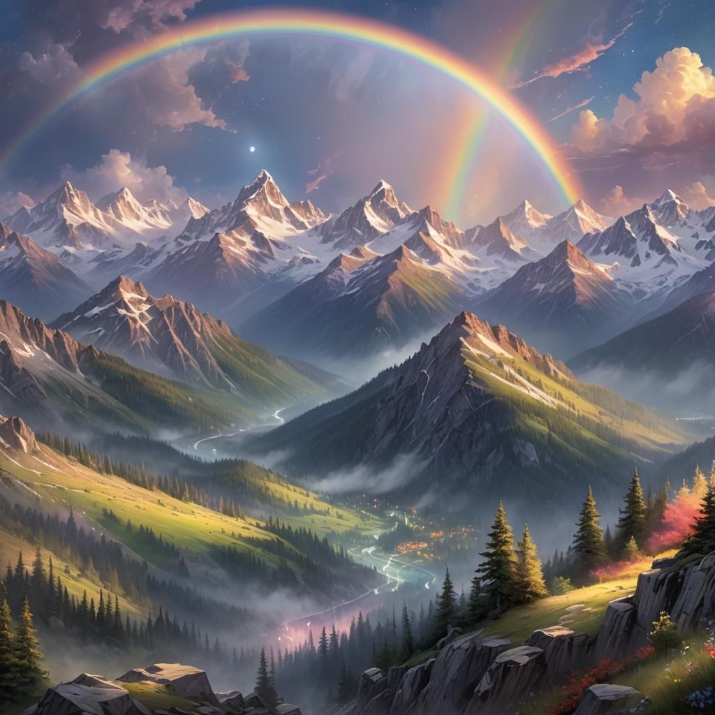 Rainbow Moonlit Mountains in Dreamy Digital Art